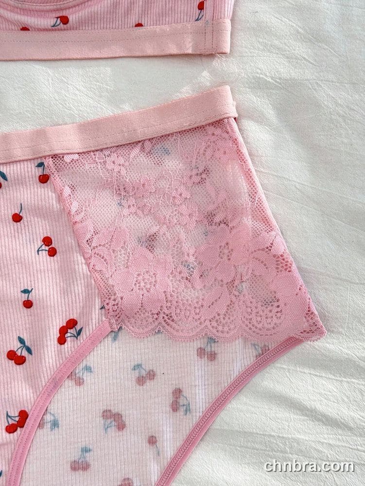 Women's Plus Size Cherry Print Ribbed Bra & Panty Set – Factory Wholesale 4