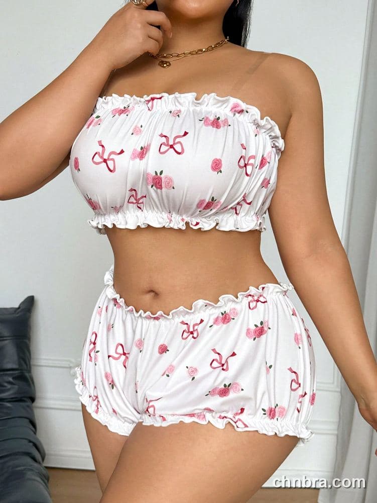Plus Size Rose & Bow Print Ruched Bandeau Lounge Set – Wholesale Lingerie Manufacturing Factory