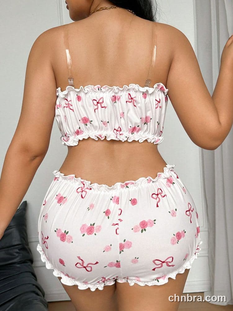 Plus Size Rose & Bow Print Ruched Bandeau Lounge Set – Wholesale Lingerie Manufacturing Factory 2