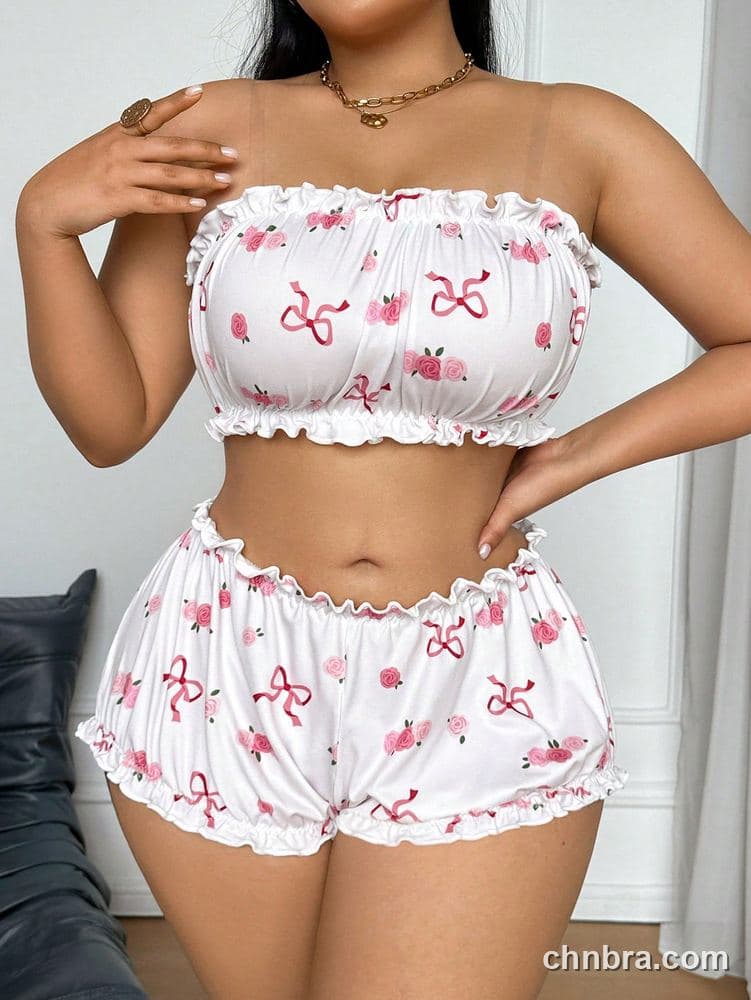Plus Size Rose & Bow Print Ruched Bandeau Lounge Set – Wholesale Lingerie Manufacturing Factory 3