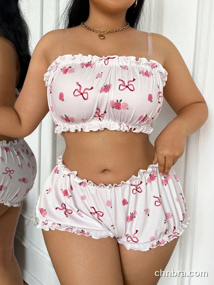 Plus Size Rose & Bow Print Ruched Bandeau Lounge Set – Wholesale Lingerie Manufacturing Factory 4