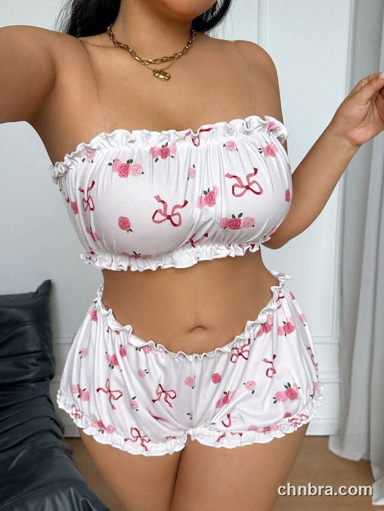 Plus Size Rose & Bow Print Ruched Bandeau Lounge Set – Wholesale Lingerie Manufacturing Factory 5