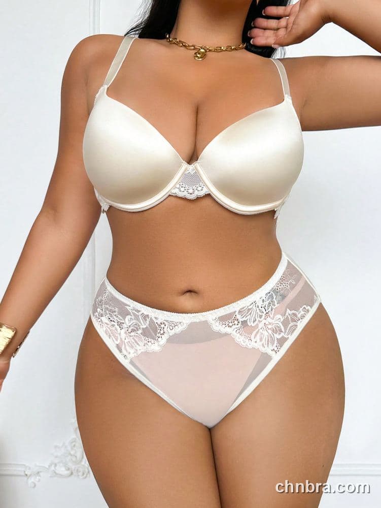 Custom Plus Size Solid Ivory Satin Push-Up Bra & Panty Set – Wholesale Direct from Factory 4