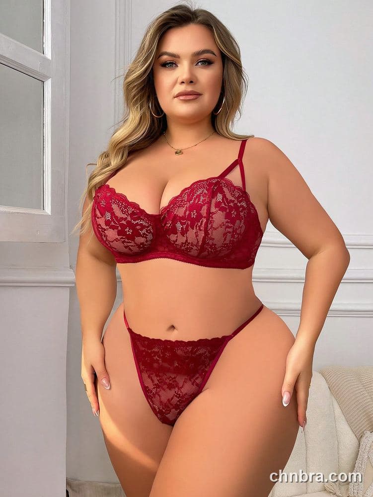 Plus Size Solid Burgundy Sheer Lace Balconette Bra & Panty Set – Bulk Wholesale, Lingerie Supplier 4