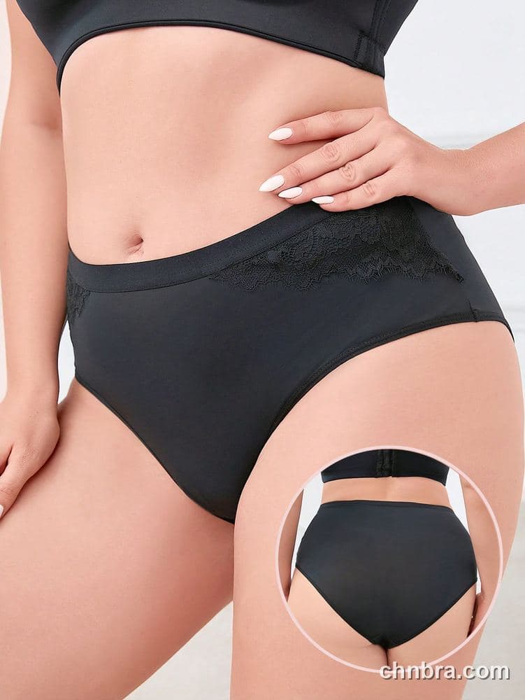 Wholesale Plus Size Solid Black High-Waist Lace-Trim Brief – Direct Factory