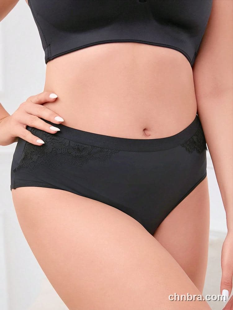 Wholesale Plus Size Solid Black High-Waist Lace-Trim Brief – Direct Factory 5