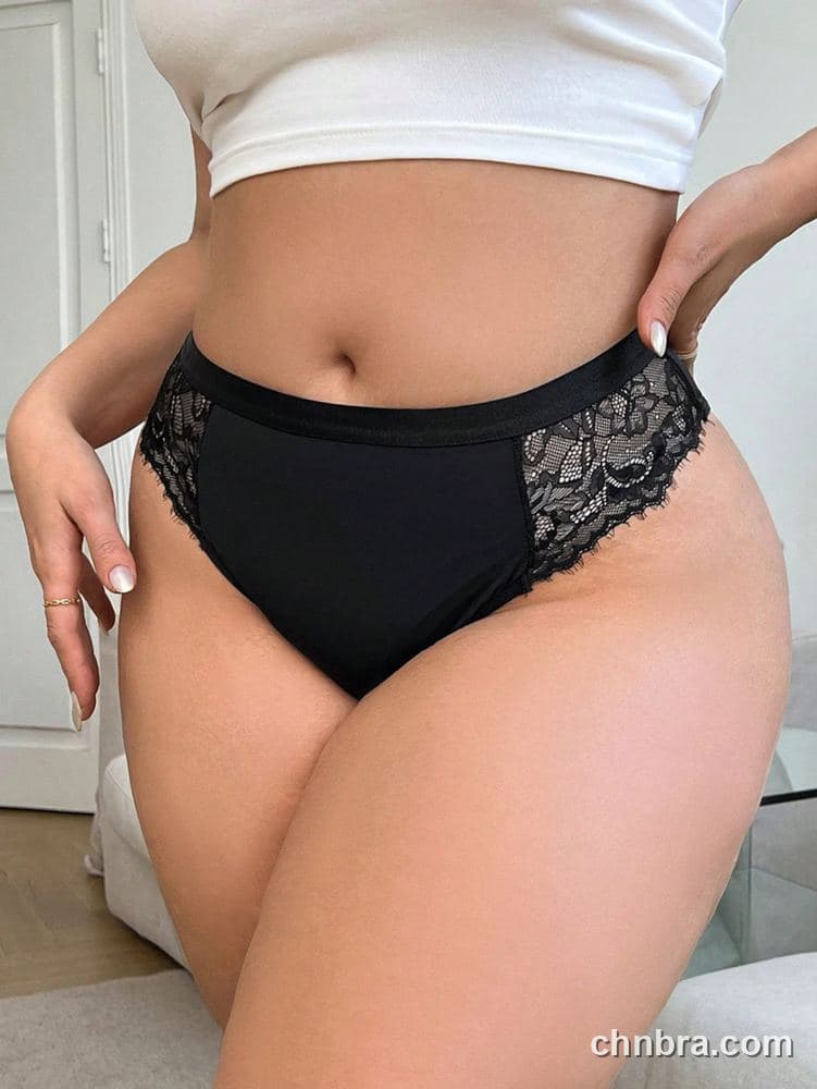 Custom Plus Size Solid Black Eyelash Lace-Side Brief – Wholesale Direct from Factory 4