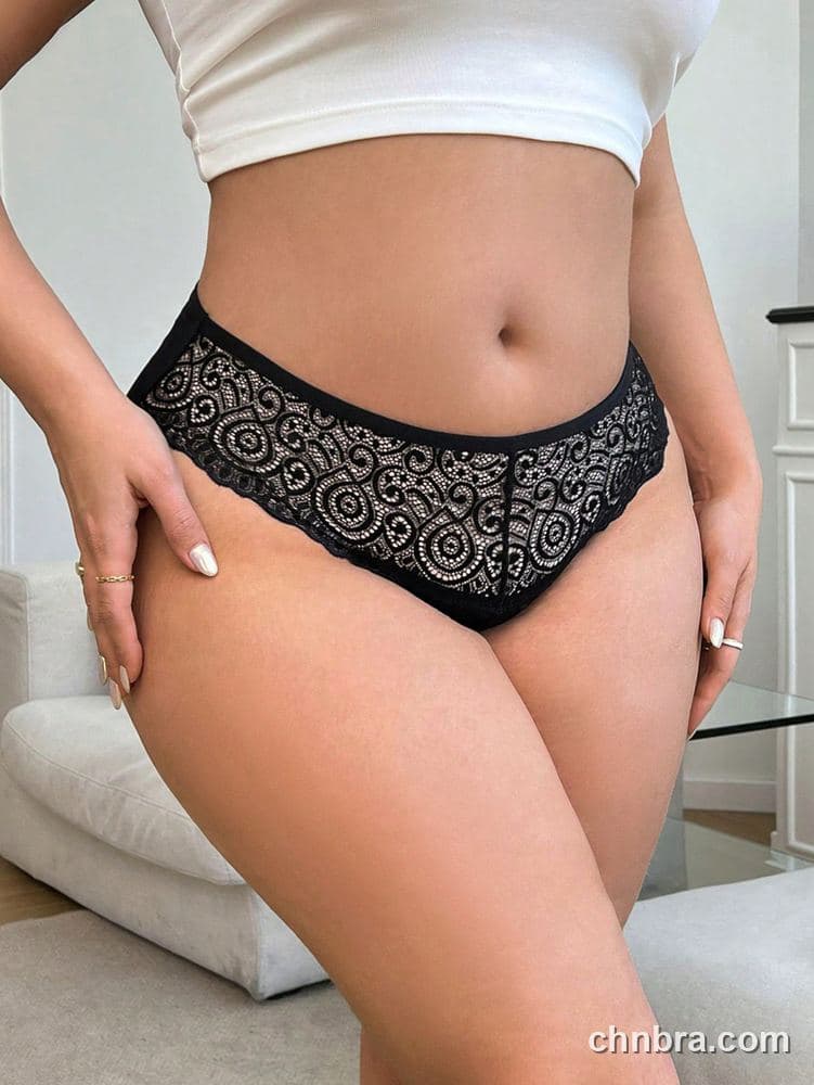 Custom Plus Size Solid Black Swirl Lace Cheeky Brief – Wholesale Direct from Factory 3