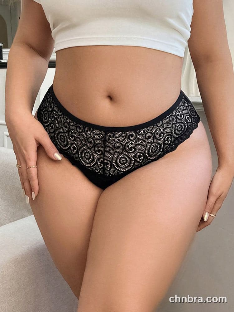 Custom Plus Size Solid Black Swirl Lace Cheeky Brief – Wholesale Direct from Factory 4