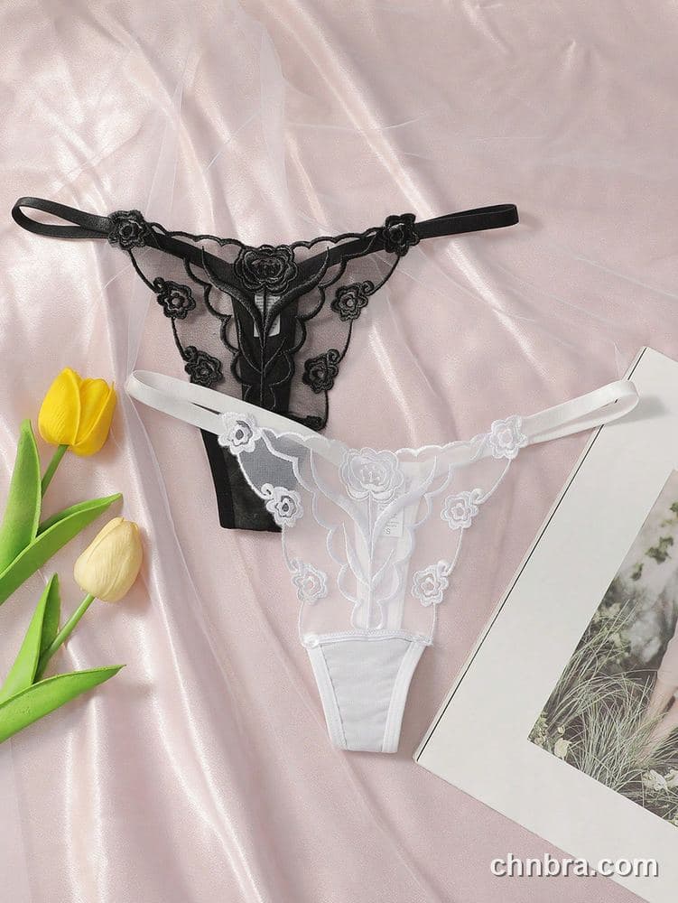 Women's Black Rose-Applique Sheer G-String Panties – OEM / ODM Underwear Manufacturer