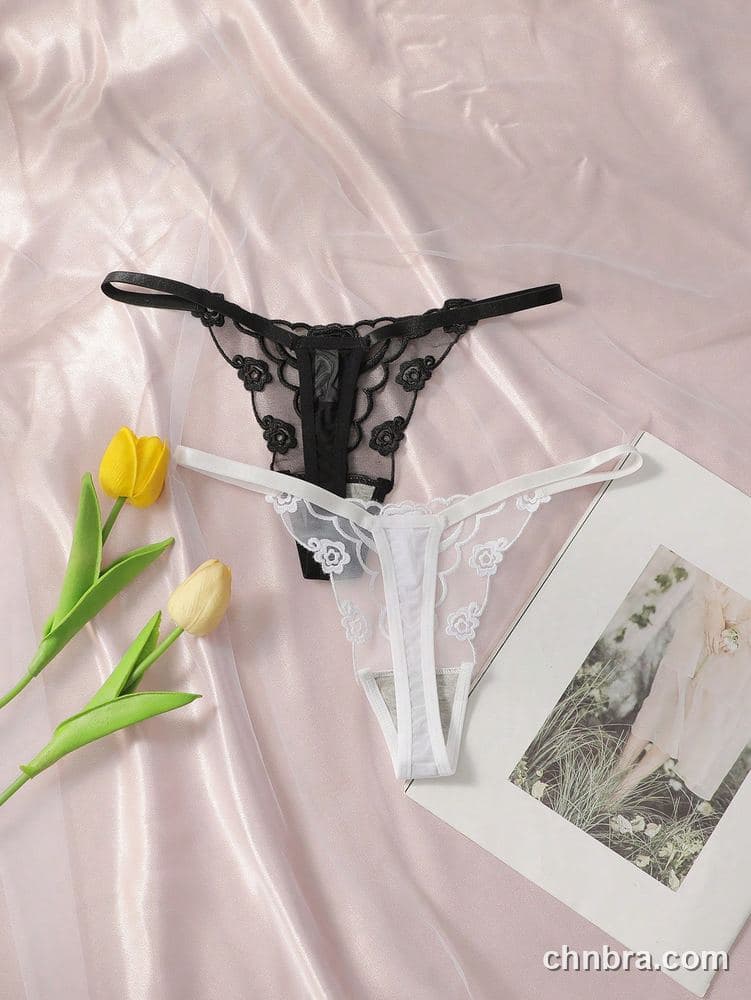 Women's Black Rose-Applique Sheer G-String Panties – OEM / ODM Underwear Manufacturer 2