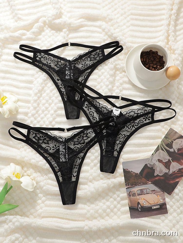 Black Floral Lace Strappy Thong – Bulk Wholesale, Lingerie Supplier