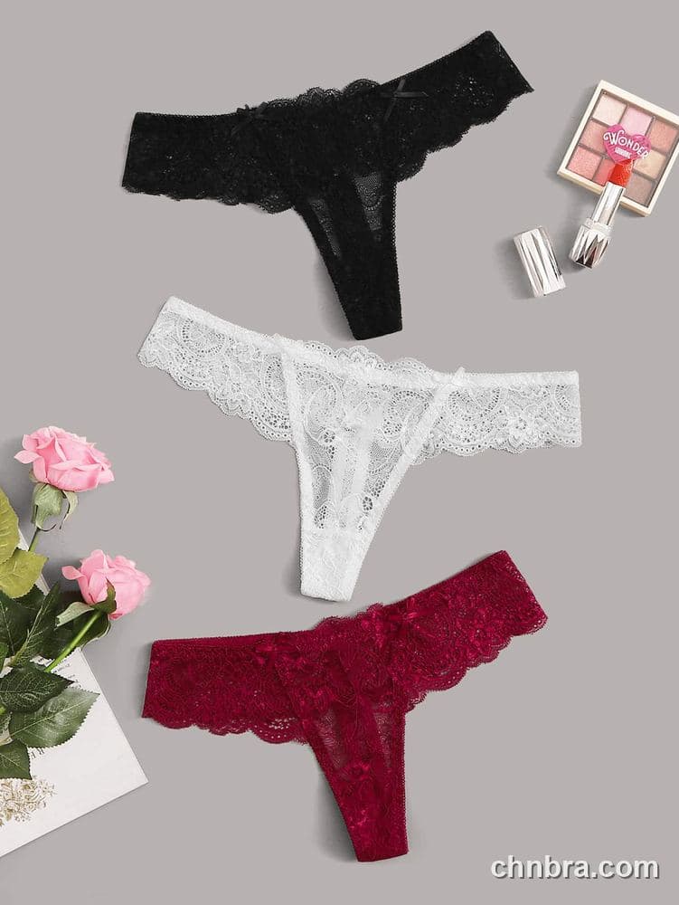 Custom Black Scallop Lace Thong 3-Pack Panties – Wholesale Direct from Factory