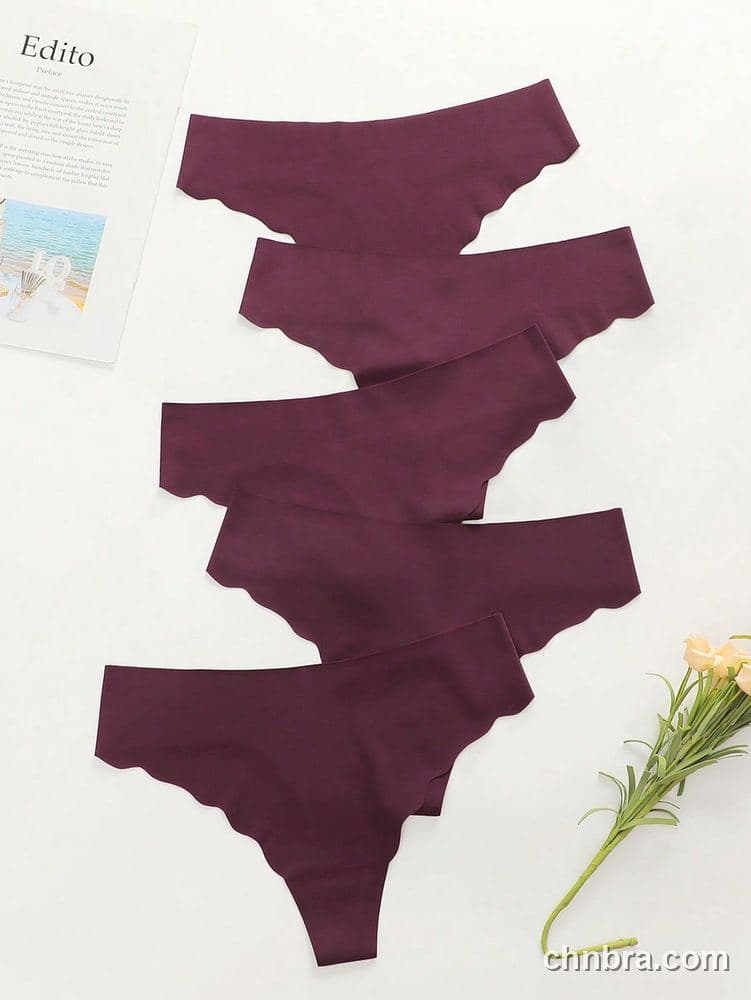 Plum Seamless Scallop-Edge Thong 5-Pack Panties – Factory Wholesale, Nylon Blend