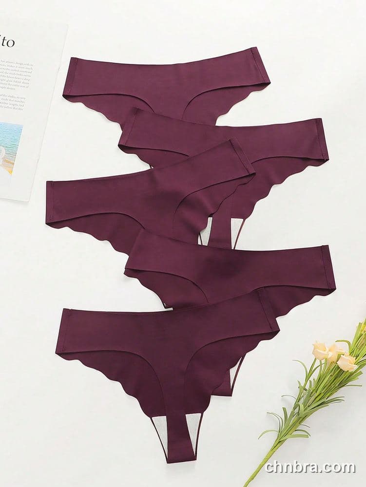 Plum Seamless Scallop-Edge Thong 5-Pack Panties – Factory Wholesale, Nylon Blend 2