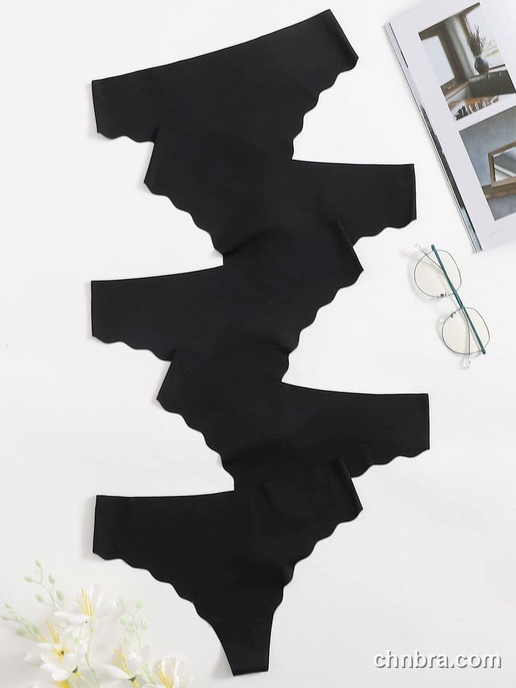 Black Seamless Scallop-Edge Thong 5-Pack – Bulk Wholesale, Lingerie Supplier