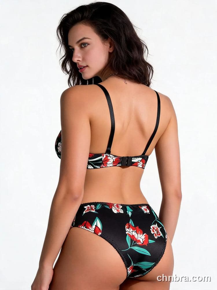 Black Tropical Floral Print Push-Up Bra & Panty Set – Wholesale Lingerie Manufacturing Factory 2