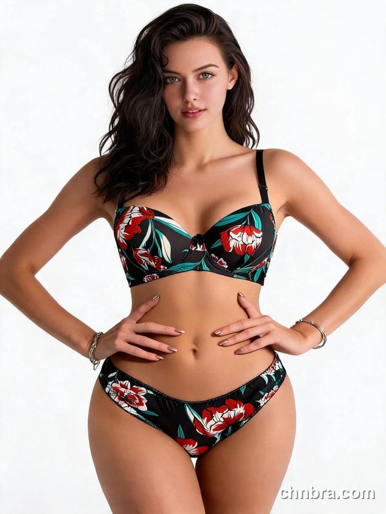 Black Tropical Floral Print Push-Up Bra & Panty Set – Wholesale Lingerie Manufacturing Factory 3