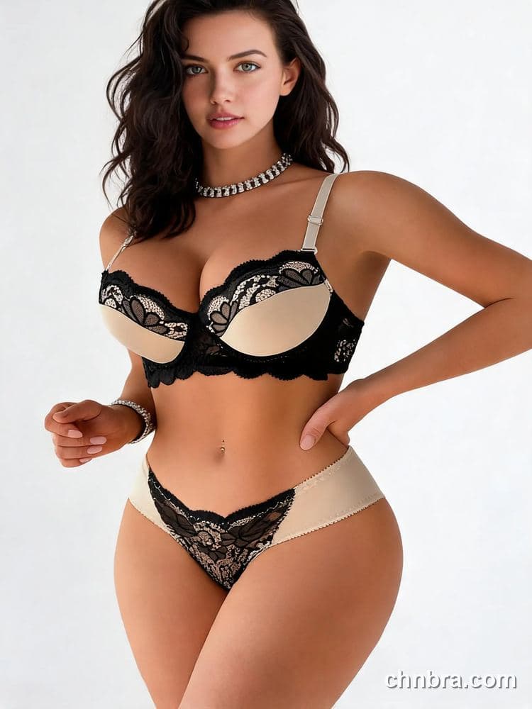 Elacene Nude Two-Tone Lace-Trim Underwire Bra Lingerie Set – Factory Wholesale 4