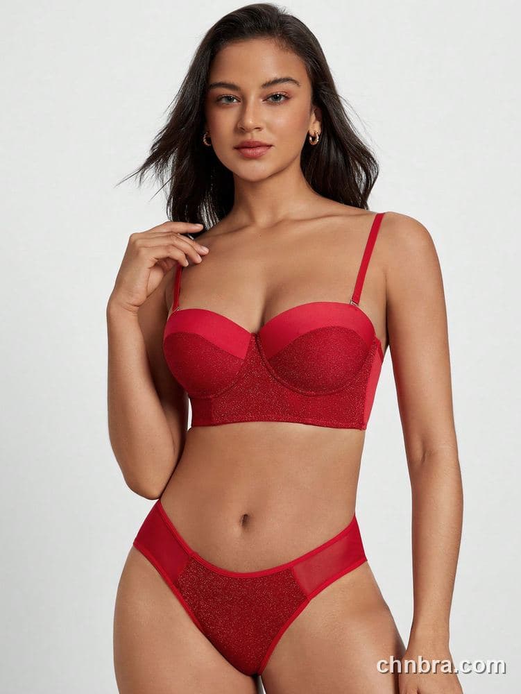 Elacene Red Glitter Satin Longline Bra Lingerie Set – Factory Wholesale