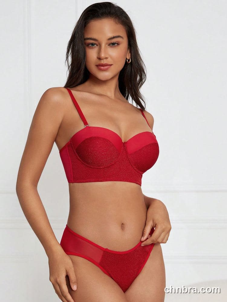 Elacene Red Glitter Satin Longline Bra Lingerie Set – Factory Wholesale 2
