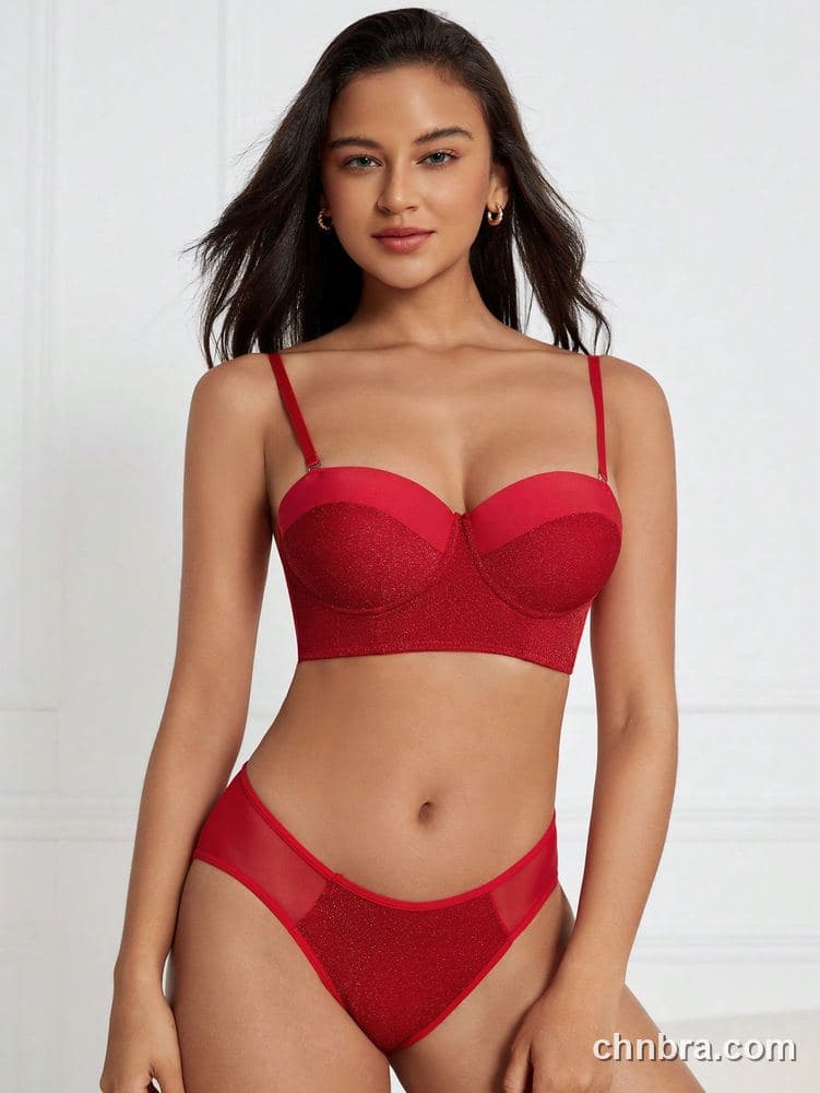 Elacene Red Glitter Satin Longline Bra Lingerie Set – Factory Wholesale 5
