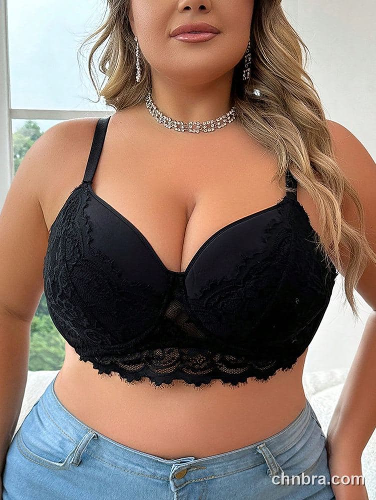 Plus Size Black Eyelash Lace Push-Up Longline Bra – Wholesale Lingerie Manufacturing Factory