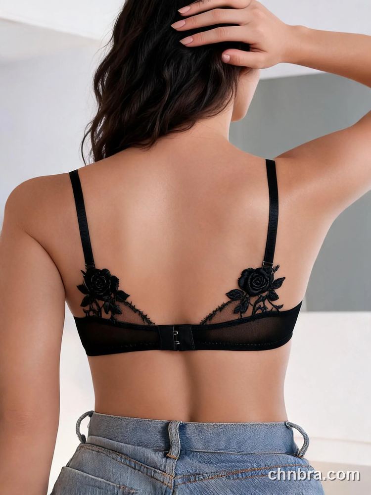 Black Rose Embroidered Sheer Balconette Bra, Scalloped Trim for Everyday Elegance – OEM / ODM Bra Manufacturer 2