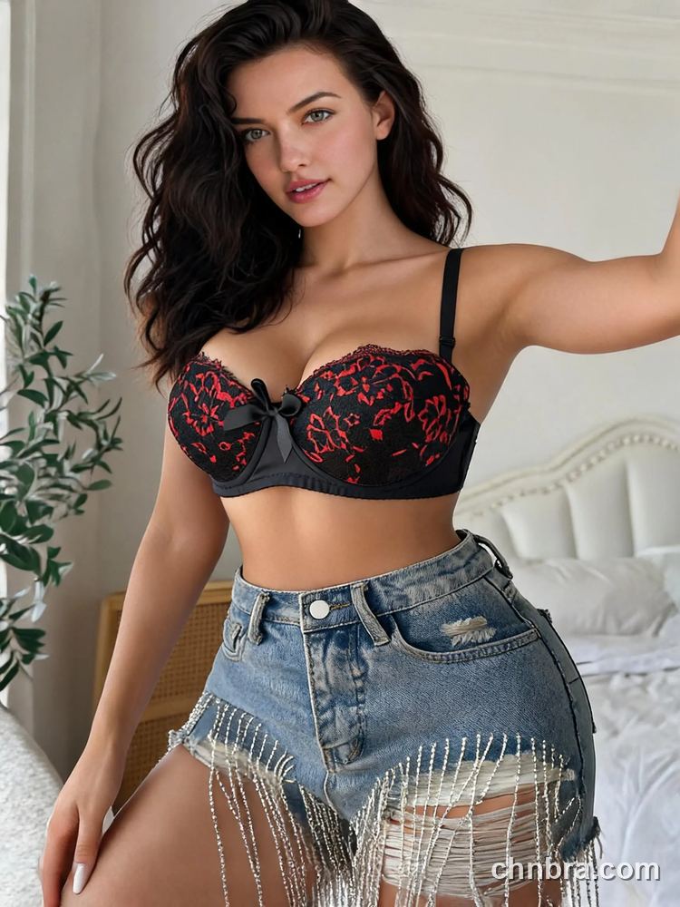 Custom Black Balconette Bra with Red Floral Embroidery & Bow, Everyday Elegance – Wholesale Direct from China Factory 3
