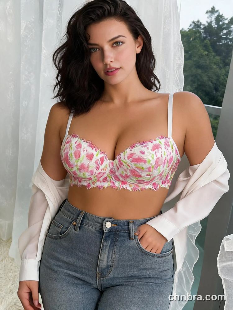 Pink Floral Print Eyelash Lace Balconette Bra, Underwire, Balcony Lingerie – Bulk Wholesale, Bra Supplier 4