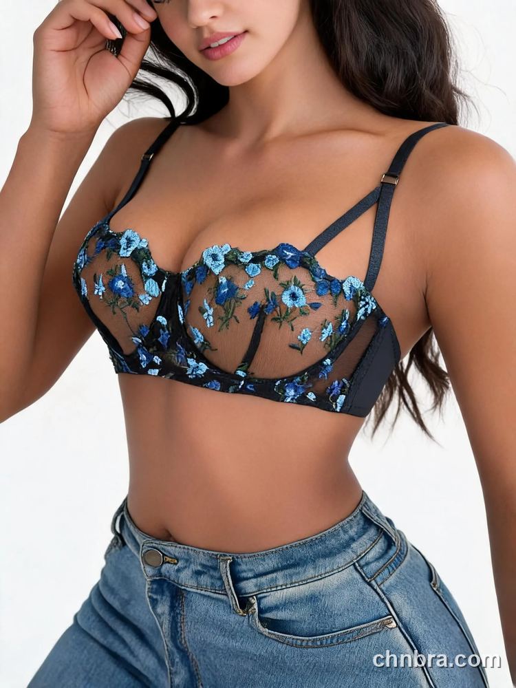 Floral Embroidered Sheer Mesh Balconette Bra, Double Straps, Balcony Lingerie – Bulk Wholesale, Bra Supplier 3