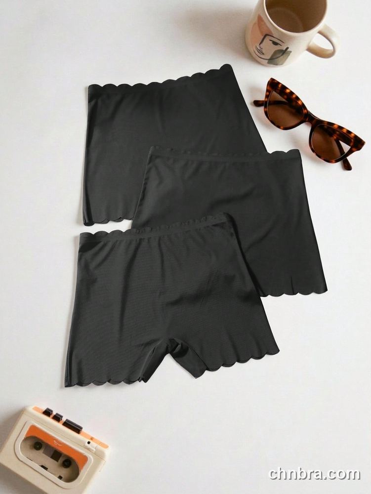 Black Seamless Scallop-Edge Safety Shorts 3-Pack – Factory Wholesale, Everyday Wear