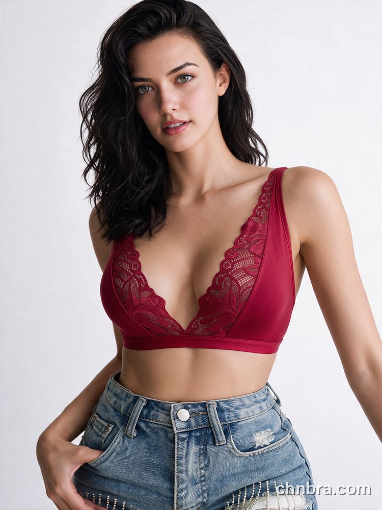 Wholesale Women's Deep V Lace Trim Bralette with Wide Straps, Wireless Bra Top – Direct from Factory 12