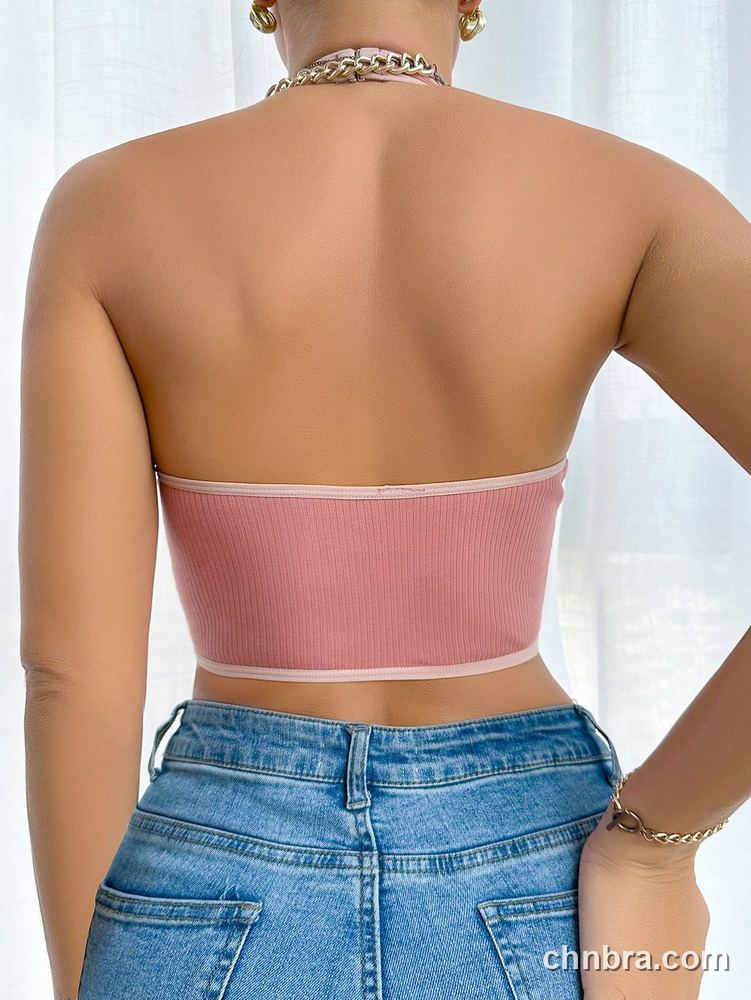 Wholesale Women's Pink Ribbed Halter Bra Top with Contrast Piping, Wireless Bralette – Direct from Factory 2