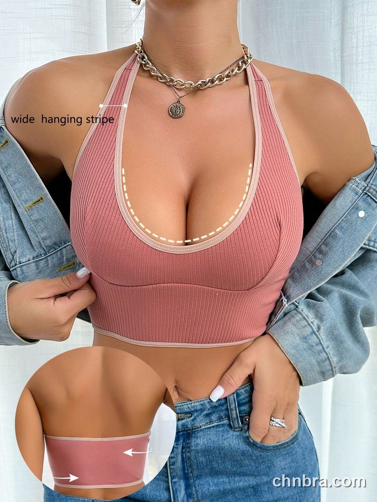 Wholesale Women's Pink Ribbed Halter Bra Top with Contrast Piping, Wireless Bralette – Direct from Factory 6