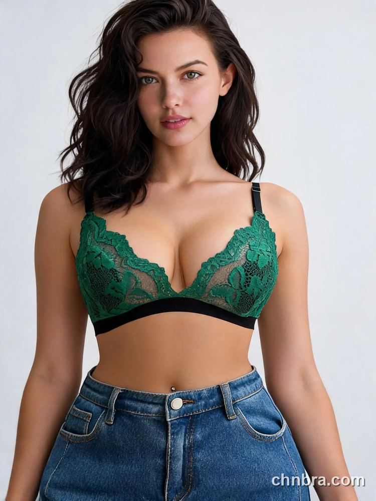 Green Floral Lace Triangle Bralette with Black Band, Wireless Bra – Wholesale Bralette Manufacturing Factory 3