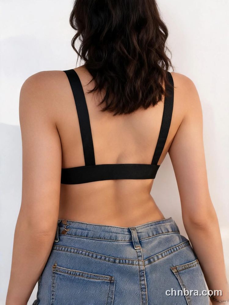 Wholesale Women's Black Deep V Bralette with Cutout Wide Straps, Solid Color Wireless Bra – Direct from Factory 2