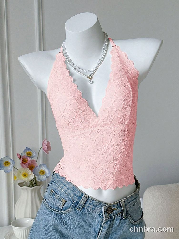 Floral Lace Halter Longline Bralette, Deep V Crop Top – Wholesale Bralette Manufacturing Factory 17