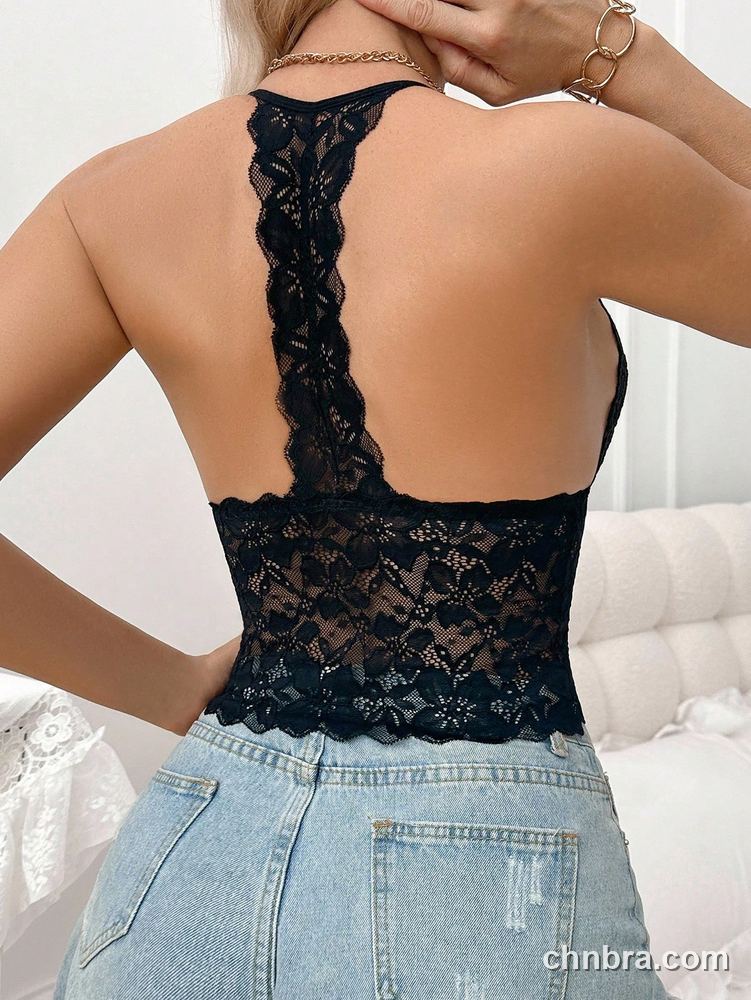 Floral Lace Halter Longline Bralette, Deep V Crop Top – Wholesale Bralette Manufacturing Factory 2