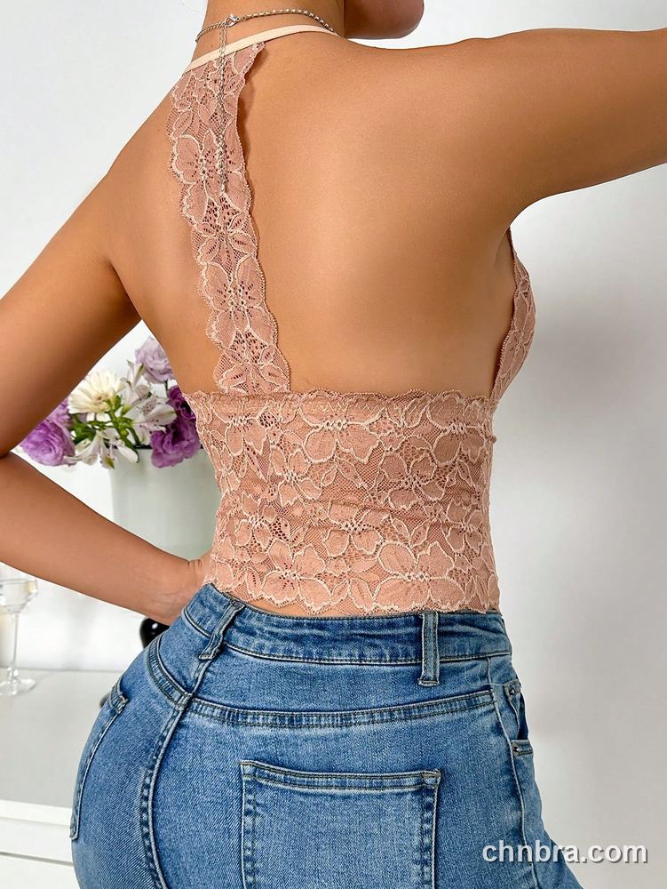 Floral Lace Halter Longline Bralette, Deep V Crop Top – Wholesale Bralette Manufacturing Factory 6