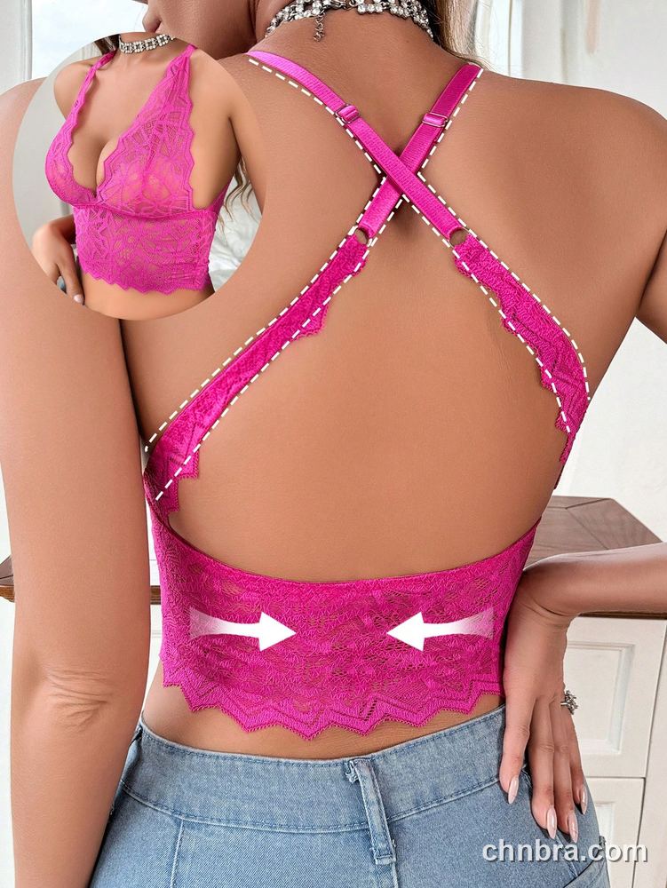 Women's Hot Pink Geometric Lace Bralette with Criss-Cross Back, Longline Crop Top – Factory Wholesale, China 2