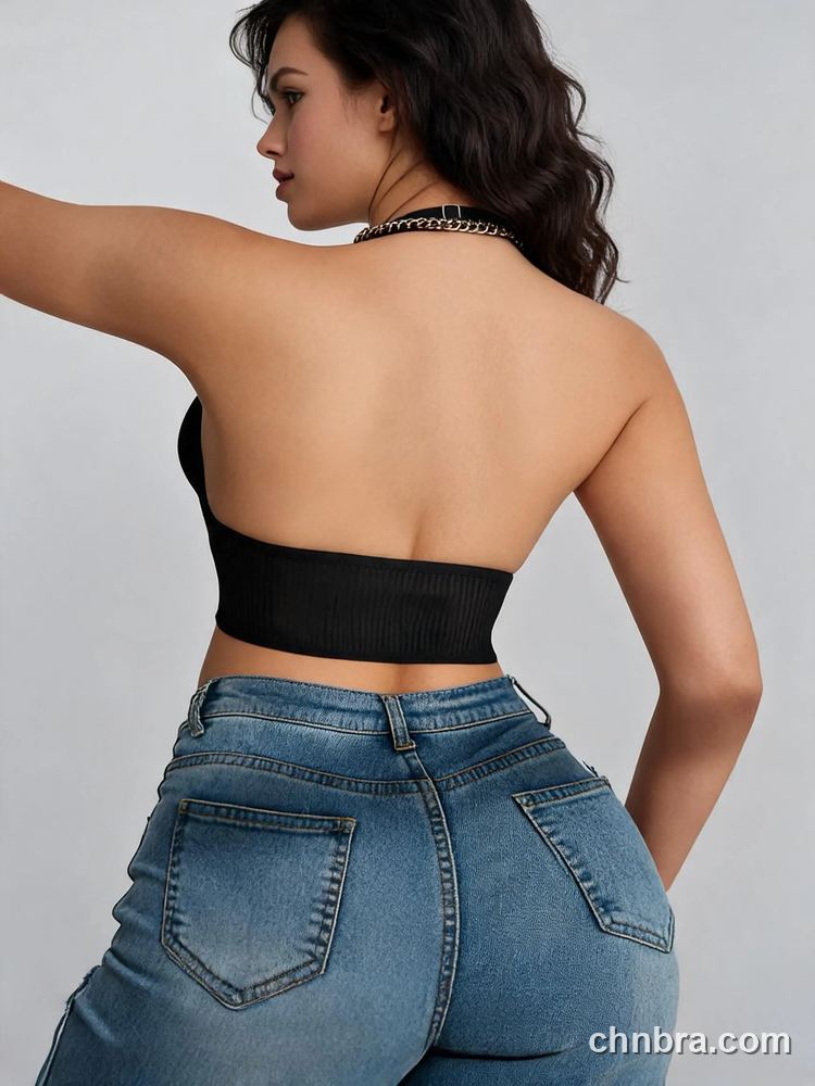 Black Ribbed Halter Bra Top with Lace Inserts, Hook & Eye Front – OEM / ODM Bralette Manufacturer 2