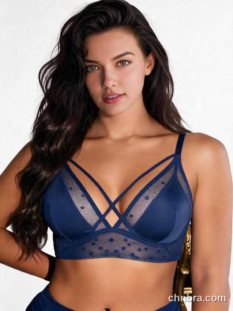 Blue Strappy Criss-Cross Bralette with Dot Mesh, Wireless Bra – Wholesale Bralette Manufacturing Factory 6