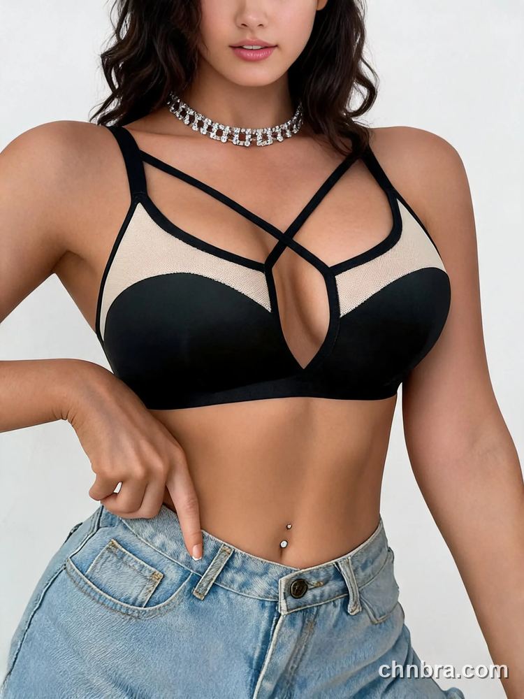 Black Strappy Cage Bralette with Sheer Mesh Panels, Wireless Bra – OEM / ODM Bralette Manufacturer 5