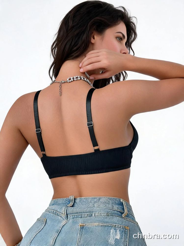 Women's Black Ribbed Knit Bralette with Lace V-Neck Trim, Wireless Comfort Bra – Factory Wholesale, China 2