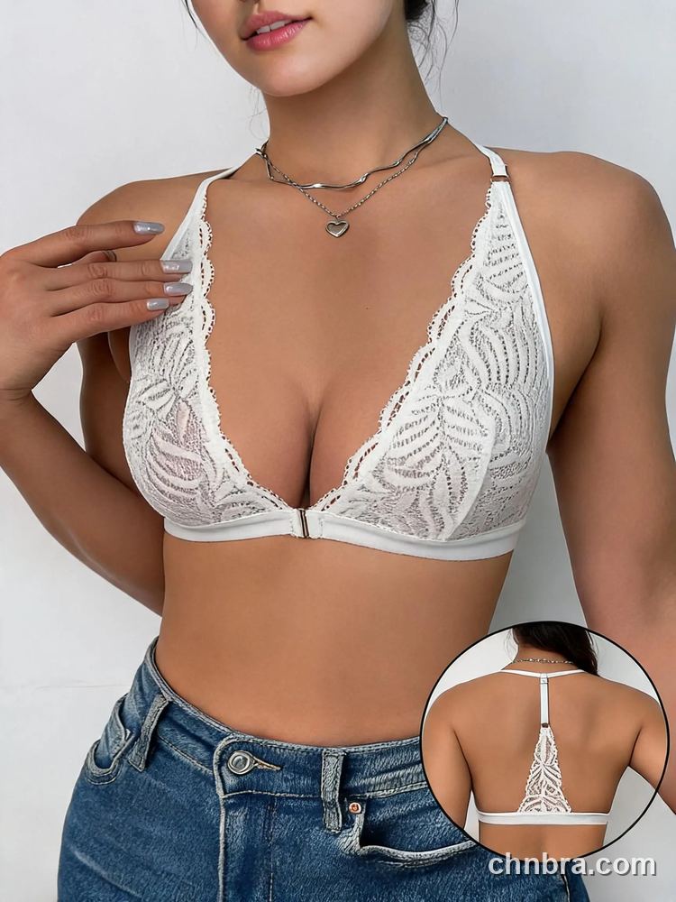 Lace Halter Triangle Bralette with Front Closure, Wireless Bra – Bulk Wholesale, Private Label Bralette Supplier 7