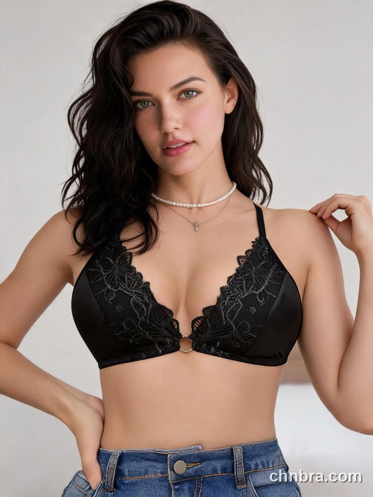 Women's Black Satin & Lace Front Closure Bralette, Wireless Bra – Factory Wholesale, China 4