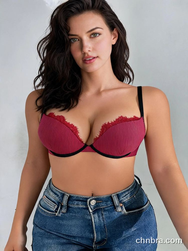 Custom Red Ribbed Demi Bra with Eyelash Lace Trim, Underwire Half Cup Bra – Wholesale Direct from China Factory 5