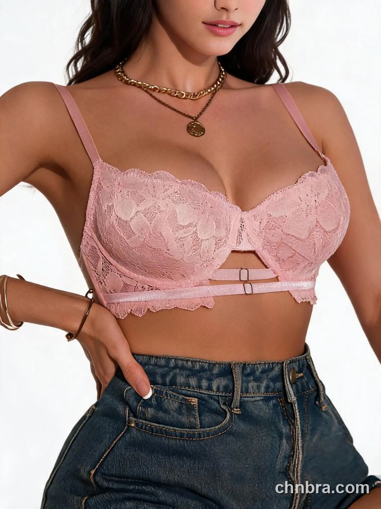 Pink Lace Demi Bra with Cutout Strappy Band, Underwire Half Cup Bra – Wholesale Demi Cup Bra Manufacturing Factory 3