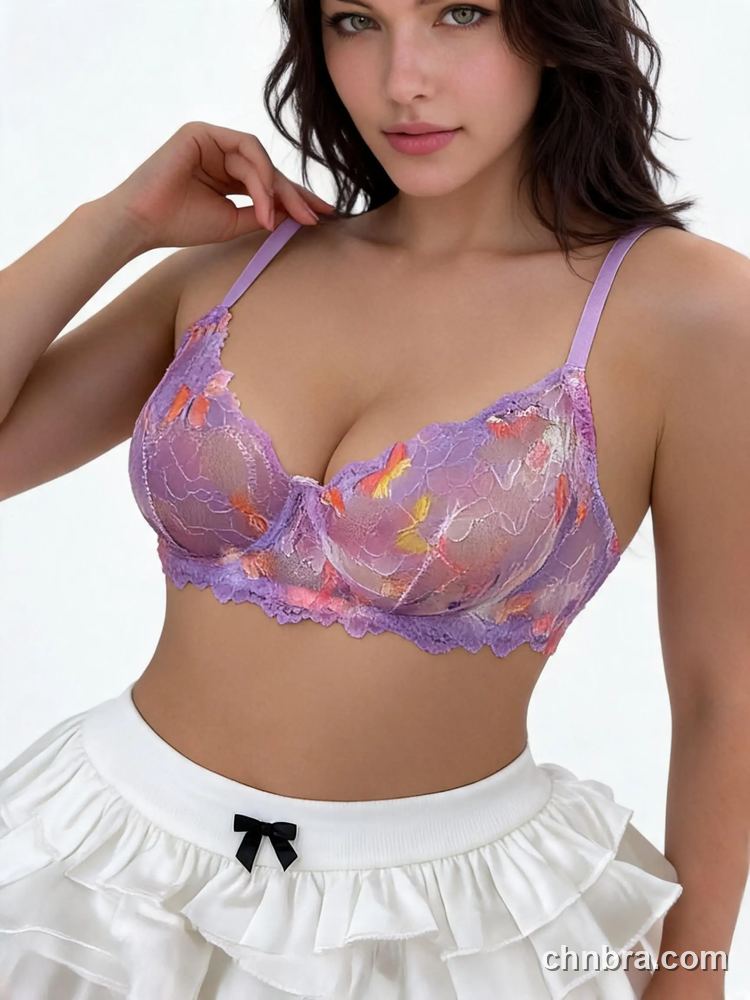 Lavender Butterfly Embroidered Mesh Demi Bra, Underwire Half Cup Bra – OEM / ODM Demi Bra Manufacturer 5